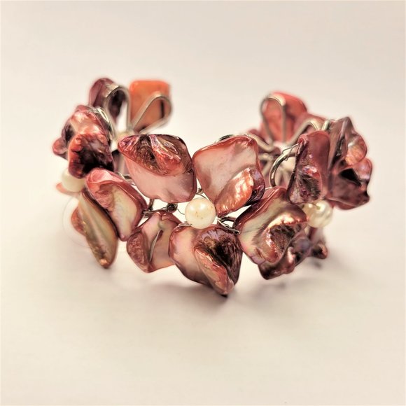 Wine Red Shell White Pearls Adjustable Cuff Bracelet Bangle - NEW - Picture 9 of 16